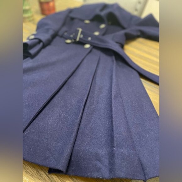 Guess Wool Blend Blue Coat Double Breasted Belted Size M Ornate Buttons Retro - Picture 10 of 12